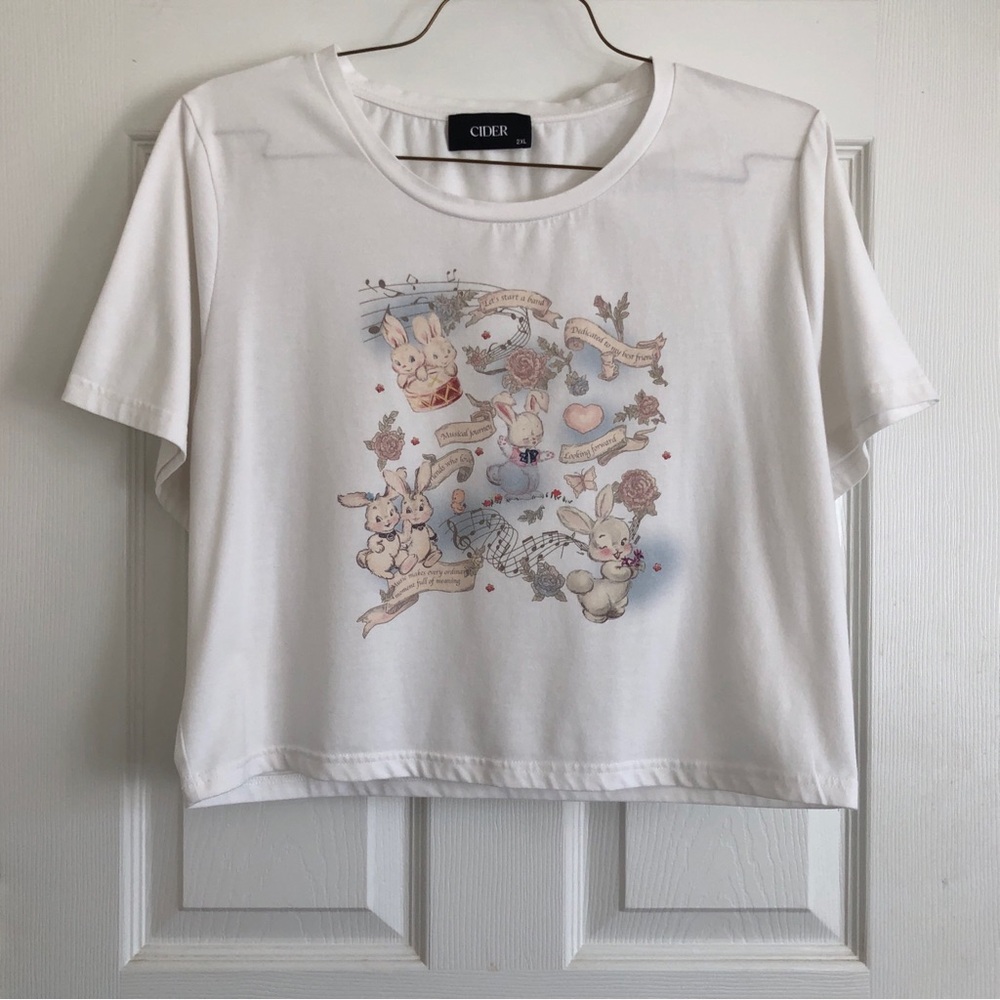 Cider white bunny graphic cropped top / baby tee size 2XL